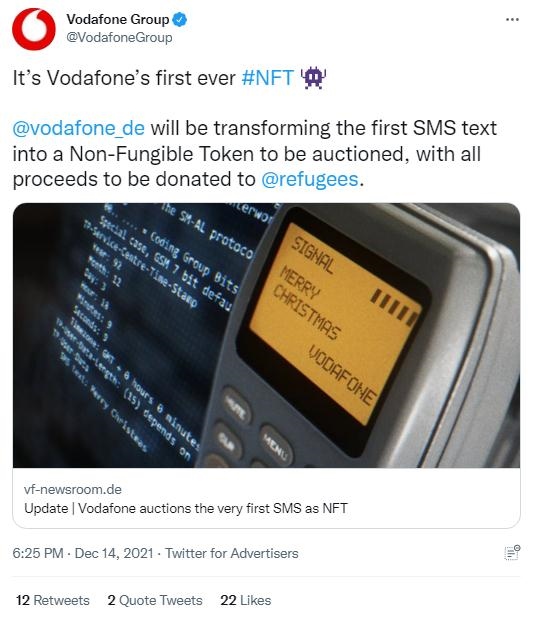 英國沃達(dá)豐公司也表示，計劃將拍賣所得全部捐贈給聯(lián)合國難民署，以支持那些被迫逃離家園的人。(圖片來源：英國沃達(dá)豐公司社交媒體截圖)