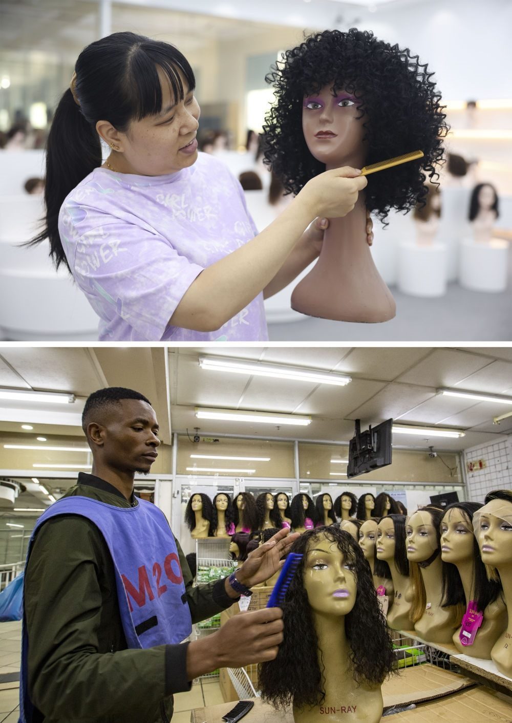 拼版照片：上圖為2023年5月25日，工人在湖南邵陽(yáng)陽(yáng)光發(fā)品有限公司展廳展示假發(fā)（新華社記者薛宇舸攝）；下圖為2023年6月9日，一名店員在湖南邵陽(yáng)陽(yáng)光發(fā)品有限公司位于南非約翰內(nèi)斯堡的店鋪內(nèi)展示假發(fā)（新華社記者張譽(yù)東攝）。新華社發(fā)