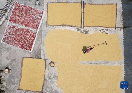 9月16日，村民在貴州省黔東南苗族侗族自治州施秉縣馬溪鄉(xiāng)王家坪村晾曬稻谷（無人機照片）。