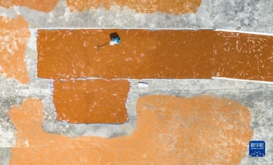 9月16日，農(nóng)民在貴州省安順市西秀區(qū)大西橋鎮(zhèn)吉昌村晾曬高粱（無人機照片）。