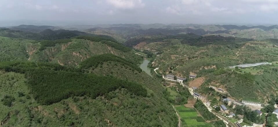 黃土溝壑中的高西溝村滿眼綠色（無人機照片，2023年7月26日）。新華社記者陳昌奇 攝