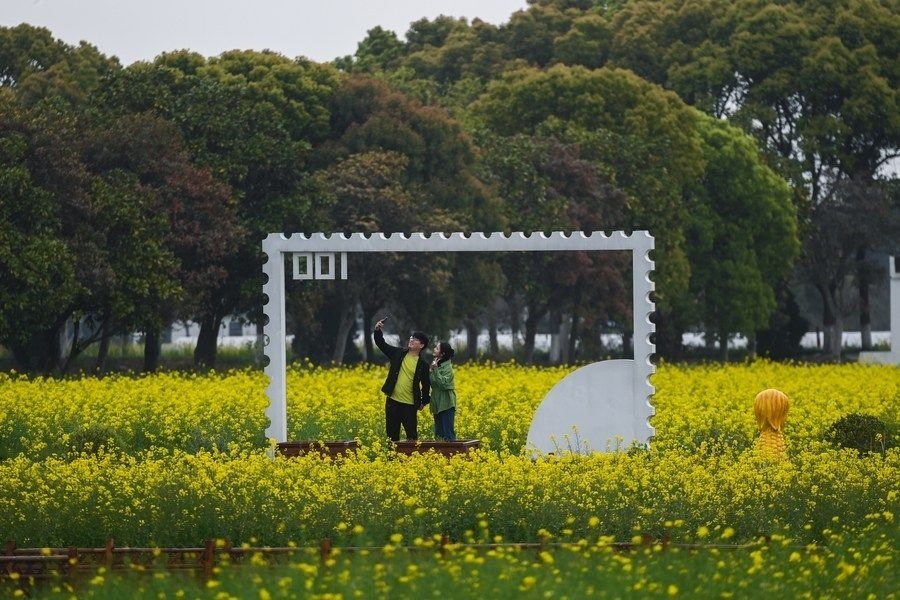  游客在浙江嘉興市秀洲區(qū)王店鎮(zhèn)鎮(zhèn)中村的“青青樂地”農(nóng)耕文化園內(nèi)游玩（2023年4月3日攝）。
