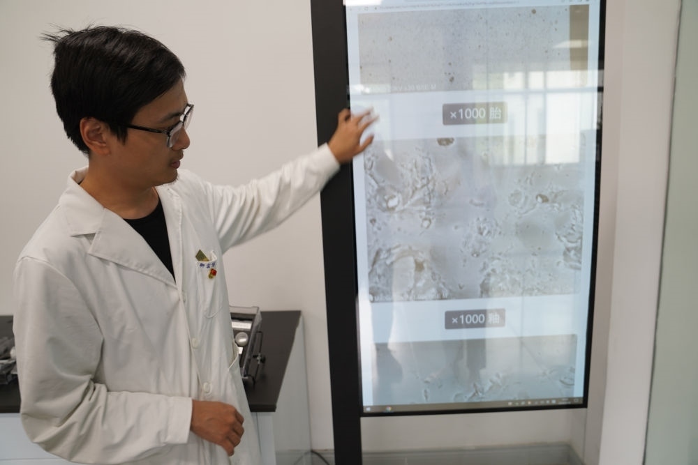 ↑ 工作人員展示瓷片標(biāo)本的配方研究數(shù)據(jù)（2023年5月16日攝）。