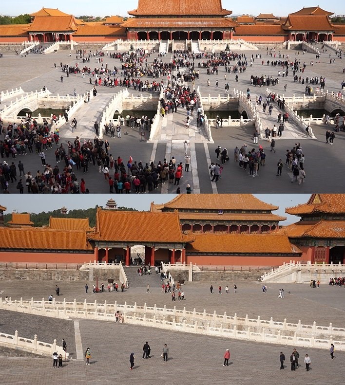 上午9時(shí)和下午13時(shí)的太和門廣場客流對(duì)比。故宮博物院供圖