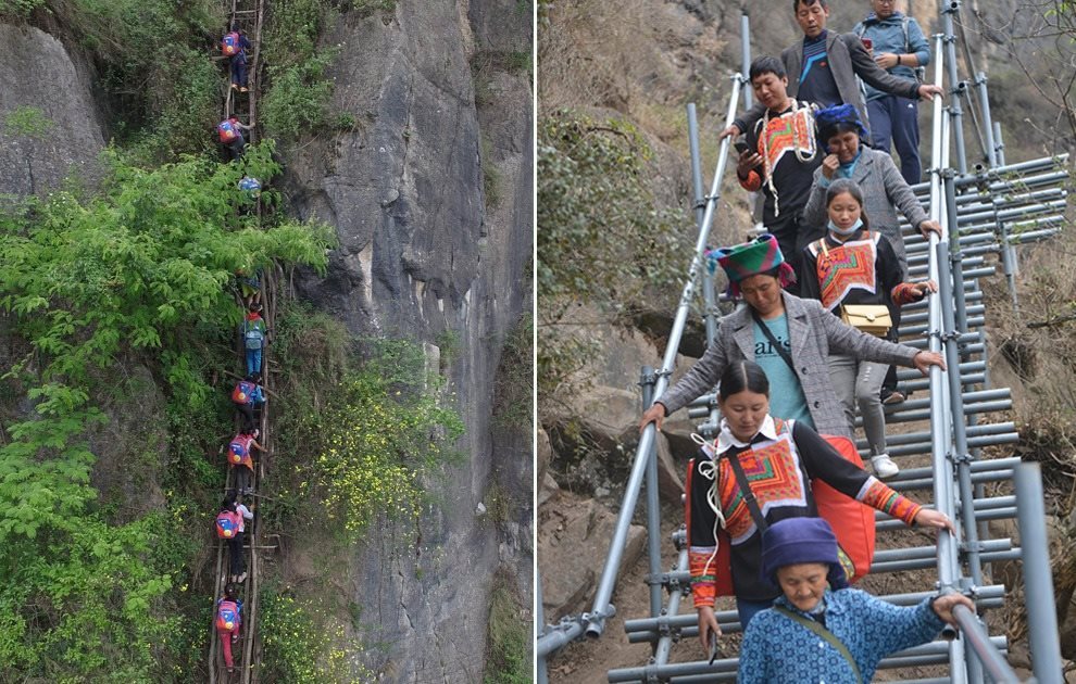 “懸崖村”今昔對比：左圖為2016年5月14日，“懸崖村”的孩子們攀爬木梯回家。右圖為2020年5月13日，“懸崖村”村民帶著行李通過鋼梯下山，搬遷至易地扶貧集中安置點(diǎn)的新家。