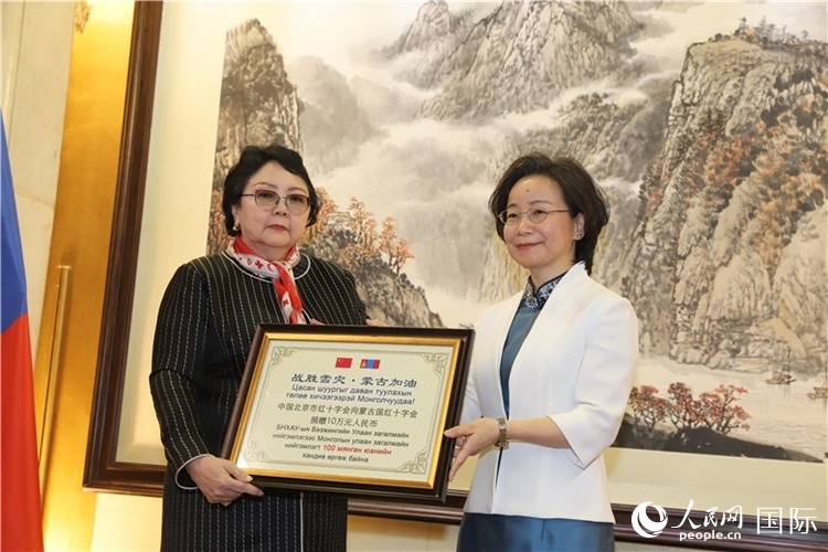 沈大使向?qū)殑跔柆敚ㄗ螅┟貢L轉(zhuǎn)交捐款。人民網(wǎng)記者 霍文攝