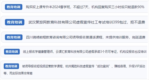 “人民投訴”用戶舉報(bào)機(jī)構(gòu)虛假宣傳包過(guò)包拿證、虛假承諾收益效果、課程服務(wù)貨不對(duì)板、退款難等在線教培亂象。（“人民投訴”平臺(tái)截圖）