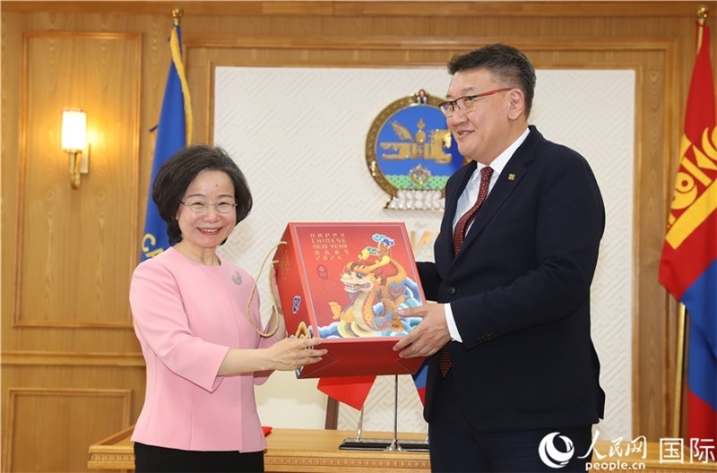 沈大使向扎布赫楞部長贈送吉祥龍。人民網(wǎng)記者 霍文攝