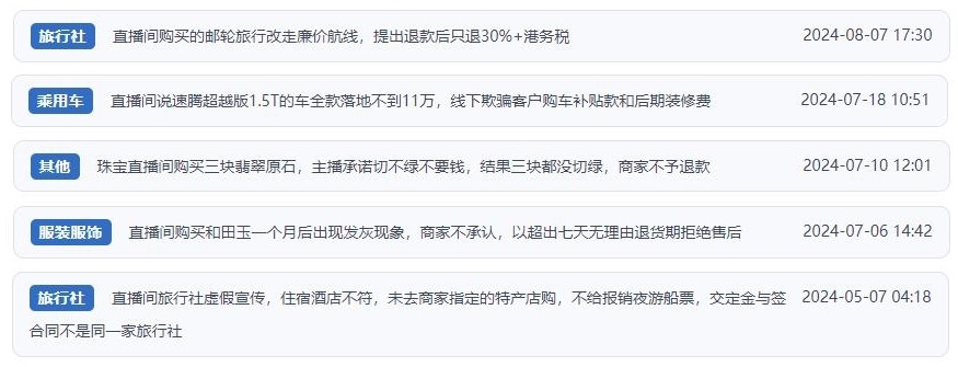 近期網(wǎng)友涉及直播購物相關(guān)投訴問題。（“人民投訴”用戶投訴截圖）