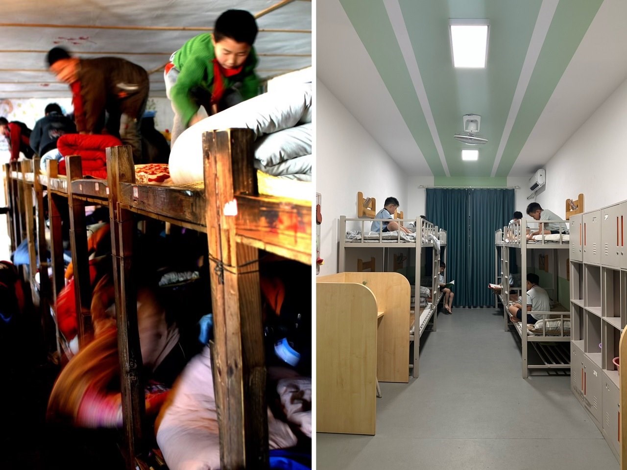 縉云縣東渡鎮(zhèn)長坑小學(xué)2005年以前的學(xué)生宿舍（左），以及現(xiàn)在的學(xué)生宿舍（右） 學(xué)校供圖