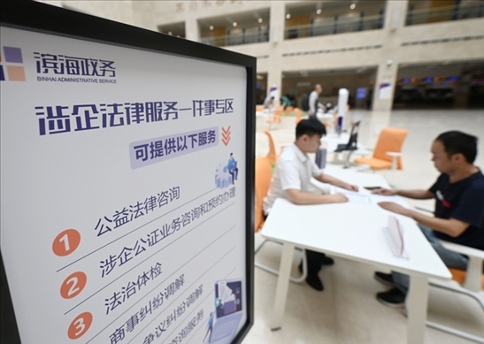 在天津濱海新區(qū)政務(wù)服務(wù)中心，工作人員在“涉企法律服務(wù)一件事”專區(qū)為市民提供服務(wù)（2024年7月31日攝）。新華社記者 趙子碩 攝