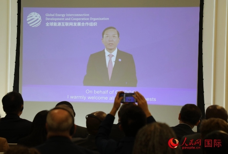全球能源互聯(lián)網(wǎng)發(fā)展合作組織主席、中國電力企業(yè)聯(lián)合會理事長辛保安通過視頻方式致辭。人民網(wǎng)記者 李志偉攝