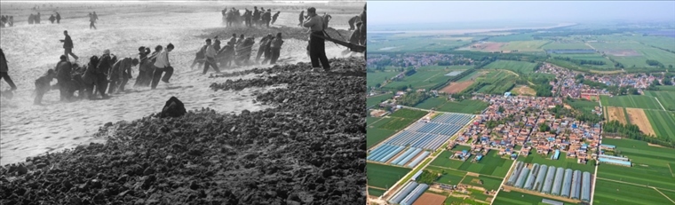 拼版照片：左圖為蘭考群眾在拉淤土壓沙（新華社記者 鄧歷耕 攝）；右圖為2024年4月25日拍攝的蘭考縣張莊村（無人機(jī)照片，新華社記者 郝源 攝）。