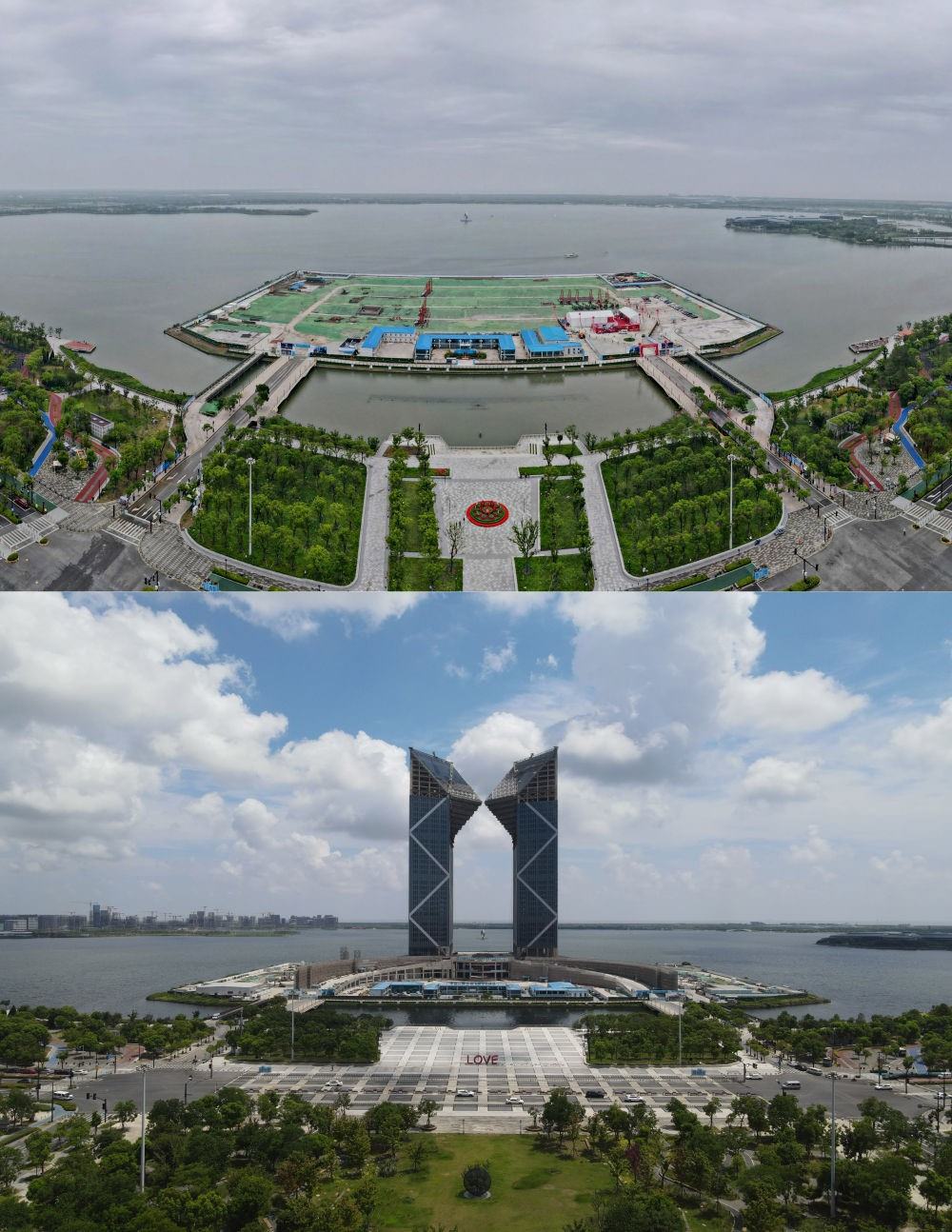 拼版照片：空中俯瞰中國（上海）自由貿(mào)易試驗區(qū)臨港新片區(qū)滴水湖西島中銀金融中心項目現(xiàn)場（上圖為2021年6月20日攝，無人機照片；下圖為2024年8月14日攝，無人機照片）。2019年8月20日，臨港新片區(qū)揭牌成立，一個開放新高地在長江與東海交匯處日益崛起。