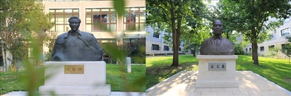 △左圖為中央黨校（國家行政學(xué)院）校園內(nèi)的焦裕祿雕塑，右圖為校園內(nèi)的谷文昌雕塑。