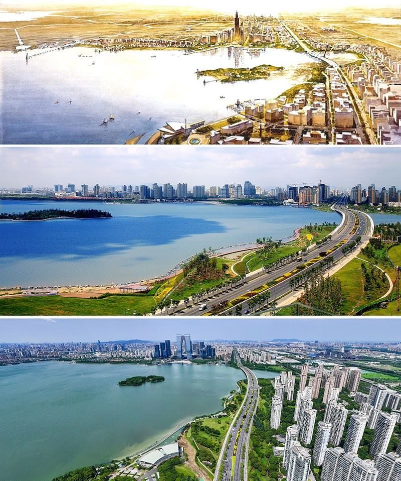 拼版照片：上圖為1994年繪制的蘇州工業(yè)園區(qū)手繪規(guī)劃圖；中圖為2007年拍攝的蘇州工業(yè)園區(qū)；下圖為2023年7月4日用無人機拍攝的蘇州工業(yè)園區(qū)。