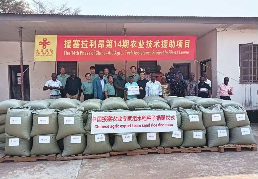 中國(guó)援塞拉利昂農(nóng)業(yè)專(zhuān)家組在塞南方省博城舉辦水稻種子捐贈(zèng)儀式。中國(guó)援塞農(nóng)業(yè)專(zhuān)家組供圖