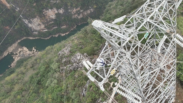 羅統(tǒng)在魯馬Ⅰ線1號塔上進(jìn)行帶電作業(yè)。受訪者供圖