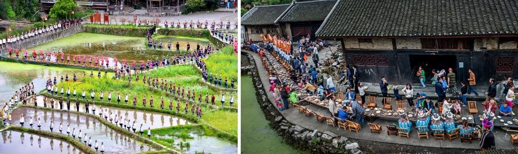 左圖：近期，人們在黎平縣肇興侗寨的田園里演唱侗族大歌（黎平縣委宣傳部供圖）；右圖：這是2023年拍攝的十八洞村長桌宴（湘西州委宣傳部供圖）。