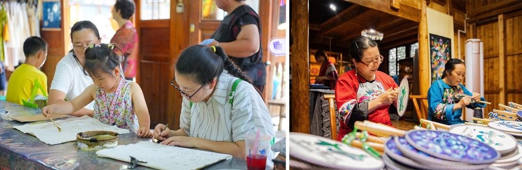 左圖：近期，游客在黎平縣肇興侗寨體驗非遺蠟染藝術(shù)（黎平縣委宣傳部供圖）；右圖：這是2024年拍攝的繡娘在十八洞村梨子寨苗繡鄉(xiāng)村振興示范基地制作苗繡產(chǎn)品（湘西州委宣傳部供圖）。