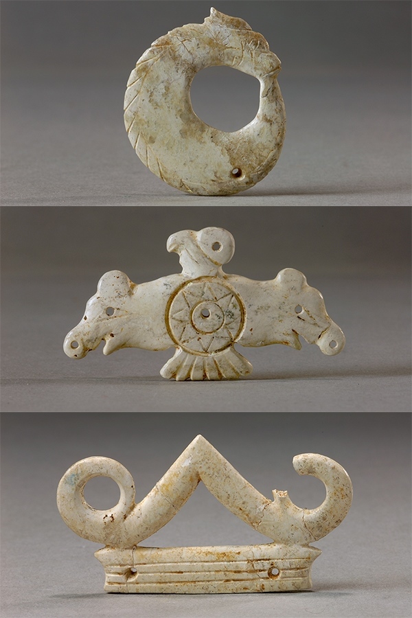 玉龍（上）、玉鷹（中）和玉冠飾（下）。國家文物局供圖