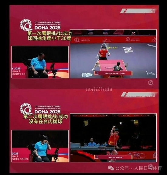 王楚欽在本屆世乒賽中的兩次“鷹眼”挑戰(zhàn)。